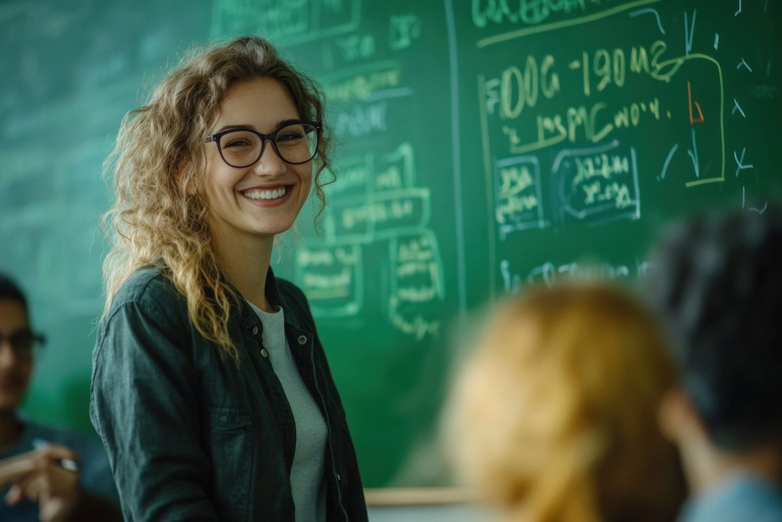 Smiling female college student  standing in front of blackboard with her classmates